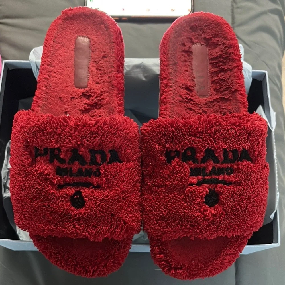 Prada Red Fuzzy Slide Sandals - Picture 3 of 9
